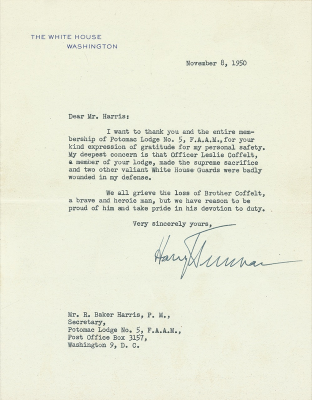 Lot 147 Harry S. Truman: A week after a failed assassination attempt, TRUMAN pays tribute to the only Secret Service member to be killed while protecting a president under fire