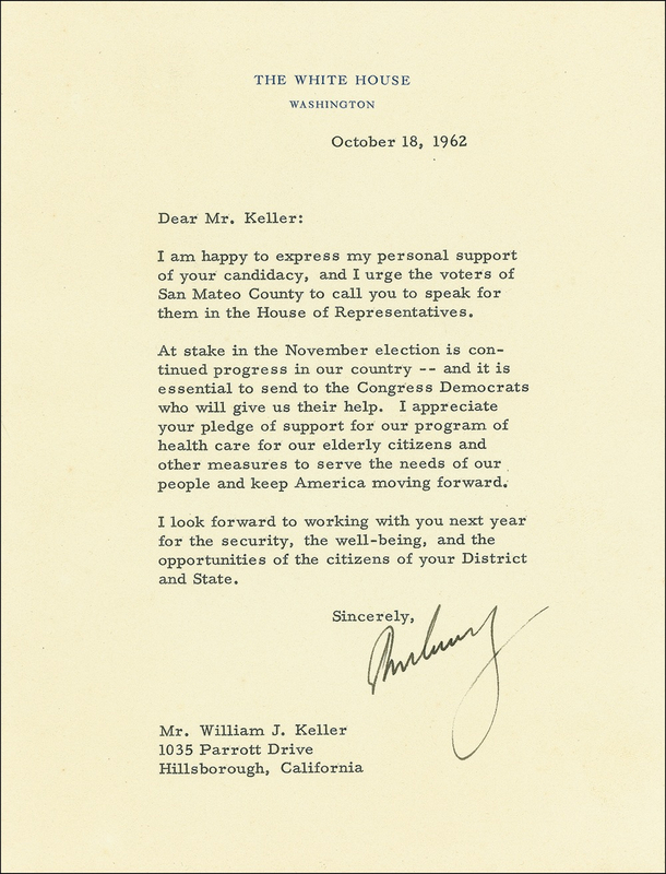 Lot 77 John F. Kennedy: “KEEP AMERICA MOVING FORWARD”: JFK lends his support to a Democratic candidate on the third day of the Cuban Missile Crisis