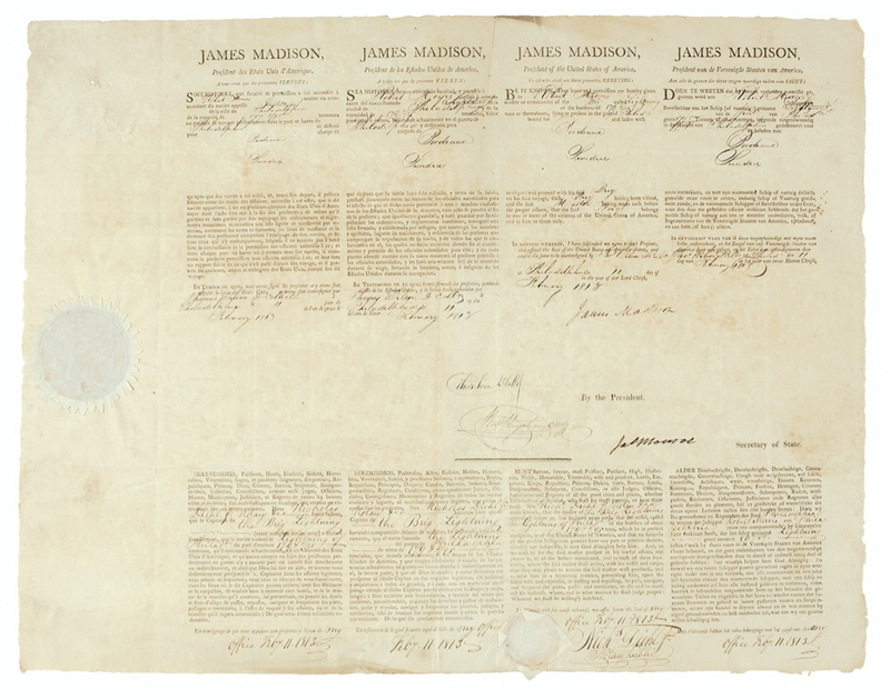 Lot 84 James Madison and James Monroe: Signing a four-language ship’s papers in the midst of the War of 1812