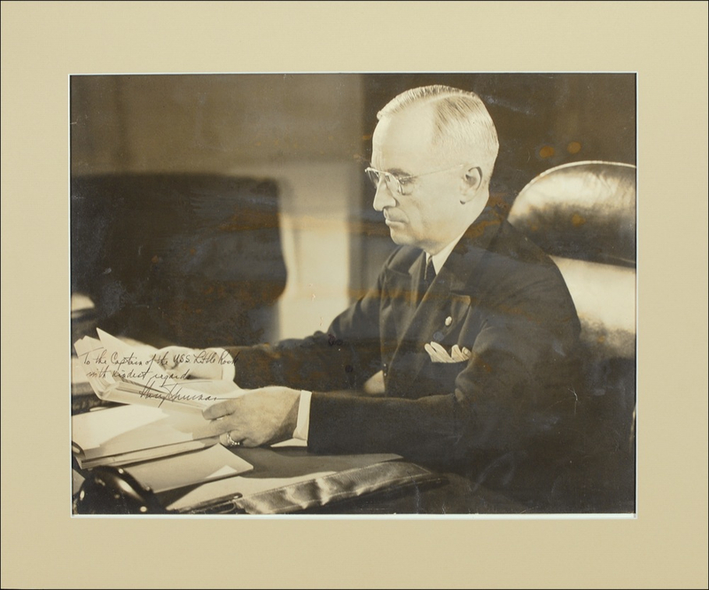 Lot 148 Harry S. Truman: TRUMAN signs a dramatically oversized portrait for the Captain of the U.S.S. Little Rock