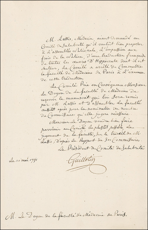 Lot 212 Joseph Guillotin: Writing on a translation of Hippocrates in the midst of the French Revolution