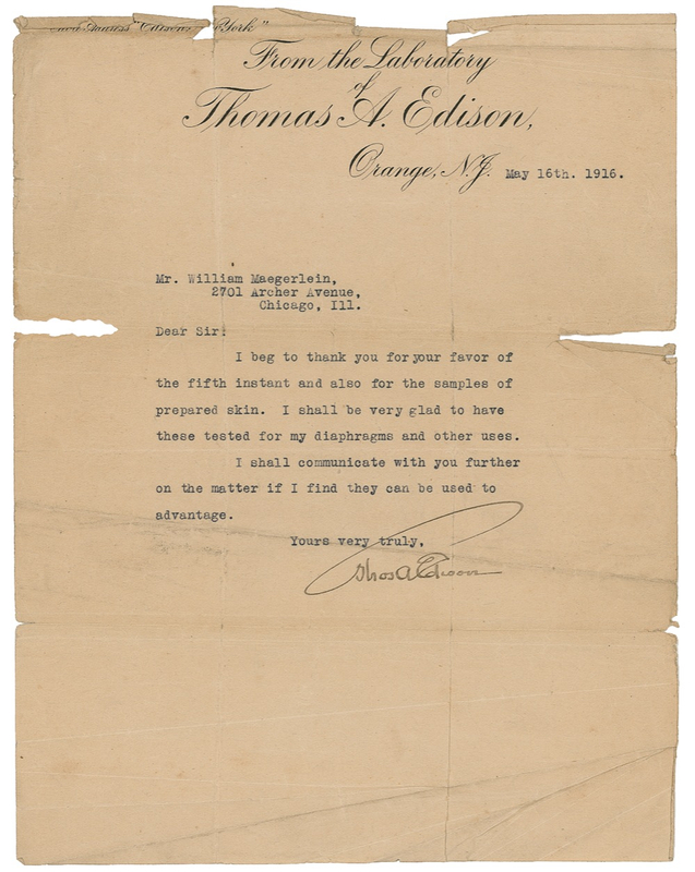 Lot 190 Thomas Edison: Edison sends thanks for “prepared skins … I shall be very glad to have these tested for my diaphragms and other uses”
