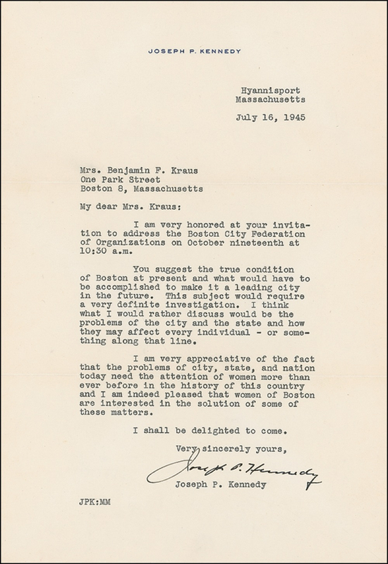 Lot 230 Joseph P. Kennedy: ?What would have to be accomplished to make [Boston] a leading city in the future?