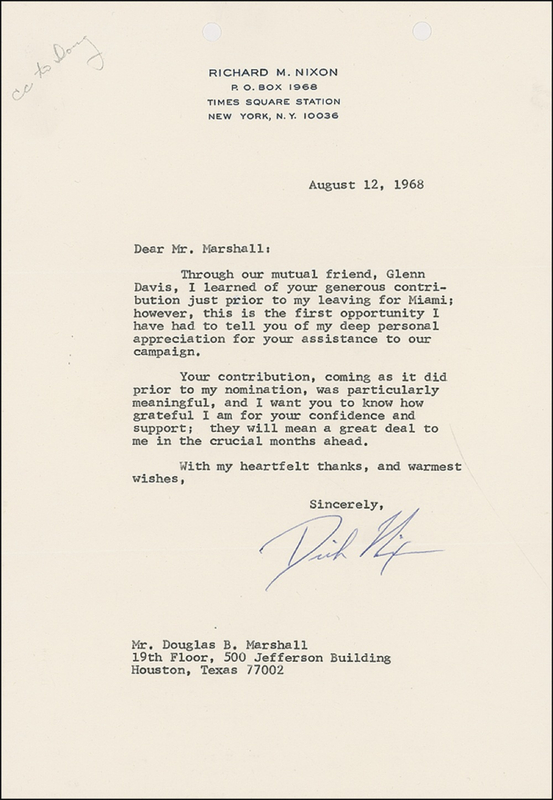 Lot 95 Richard Nixon: NIXON endorses a campaign contribution check and thanks a donor: “How grateful I am for your confidence and support”