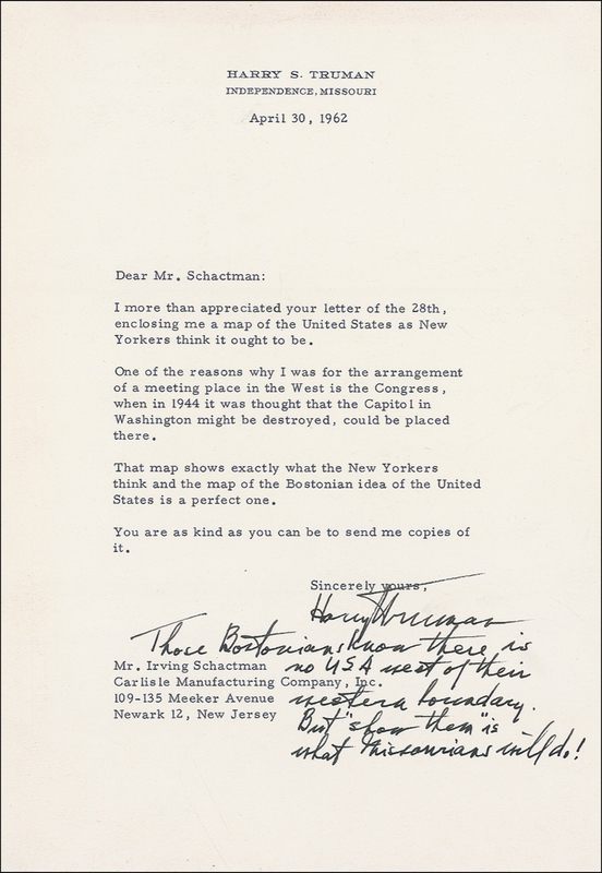 Lot 149 Harry S. Truman: “In 1944 it was thought that the Capitol in Washington might be destroyed”: TRUMAN recalls a little-remembered WWII crisis and moderates a New York–Boston “feud”