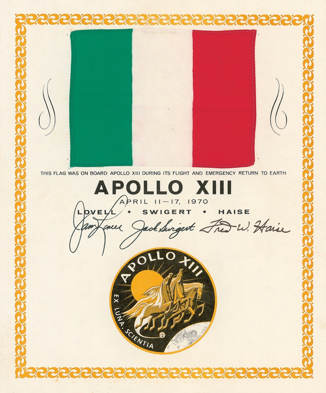 Lot 354 Apollo 13: VIVA ITALIA: Flown flag from the APOLLO 13 mission