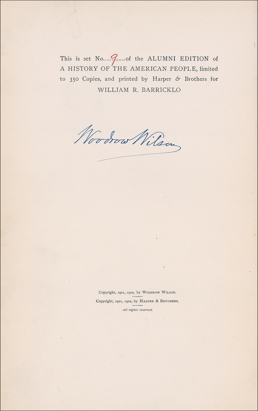 Lot 152 Woodrow Wilson: Wilson signs his five-volume History of the American People