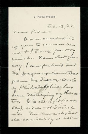 Lot #412 Samuel L. Clemens: A self-deprecating CLEMENS dismisses the slanderous remarks of a ?fragrant countess? he deems ?insane?: ?The character she can destroy is not worth saving? - Image 1