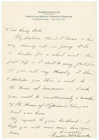 Lot #123 Franklin D. Roosevelt: Roosevelt pines for Lady Astor: “I wish you could be simultaneously a member of the House of Representatives; we need you here” - Image 1