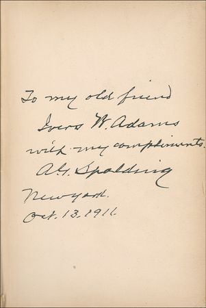 Lot #1419 Albert G. Spalding: DIAMOND JUBILEE: Baseball pioneer A. G. SPALDING presents his groundbreaking book to the founder and first president of the Boston Base Ball Club - Image 1