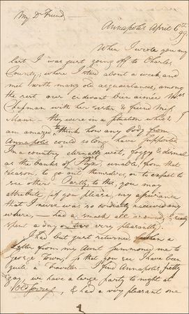 Lot #234 Francis Scott Key: ?I FIND ANNAPOLIS PRETTY GAY?: KEY describes a round of parties and his taste in women: ?I prefer the ?blue and laughing eye? of the Queen of Cyprus? - Image 1
