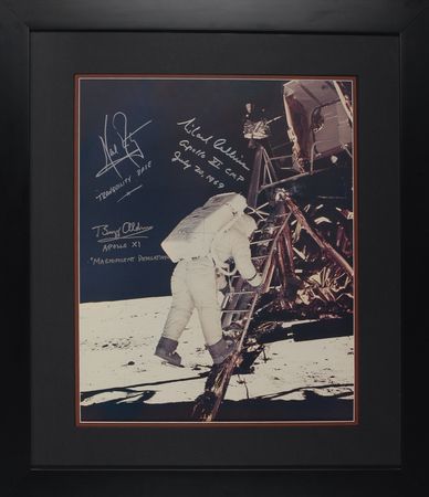 Lot #350 Apollo 11: THE EAGLE HAS LANDED: Phenomenal oversized APOLLO 11 landing photo signed by all three astronauts - Image 1