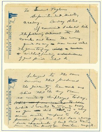 Lot #39 Dwight D. Eisenhower: Ike gives the West Point cadets a pep talk after their 1947 drubbing by Notre Dame - Image 1