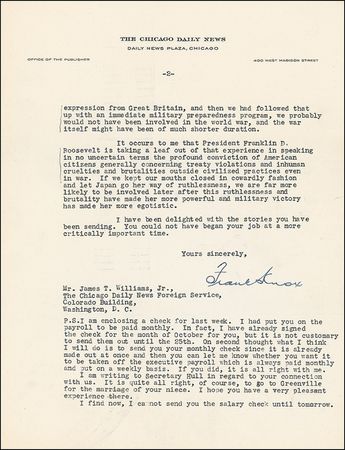 Lot #235 Frank Knox: “There is a parallel ... between the way Wilson treated the beginnings of the world war and the very different way that Roosevelt is treating this present situation” - Image 1