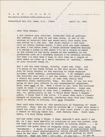 Lot #440 Alex Haley: Harsh critic HALEY minces no words with a budding writer: ?I?d never seen such a classic example of straying, rambling, wandering, away from your theme, which is deadly...? - Image 2