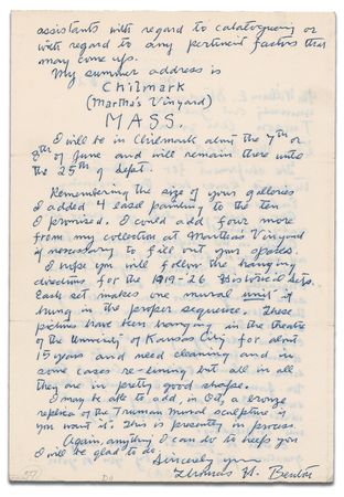 Lot #400 Thomas Hart Benton: Preparations for a major retrospective: ?I may be able to add ... a bronze replica of the Truman Mural sculpture? - Image 1