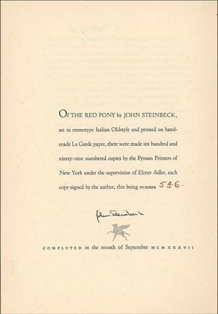 Lot #497 John Steinbeck: ?I think I?ll call him Gabilan Mountains?: STEINBECK signs a first edition of The Red Pony - Image 1