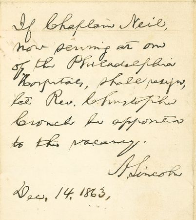 Lot #81 Abraham Lincoln: LINCOLN pens a nine-line endorsement appointing a replacement for a Philadelphia minister who went to work at the Executive Mansion - Image 1