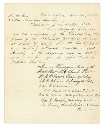 Lot #81 Abraham Lincoln: LINCOLN pens a nine-line endorsement appointing a replacement for a Philadelphia minister who went to work at the Executive Mansion - Image 2
