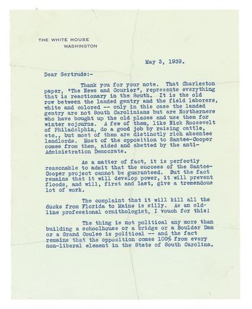 Lot #133 Franklin D. Roosevelt: “It is perfectly reasonable to admit that the success of the Santee-Cooper project cannot be guaranteed”: FDR defends one of his New Deal initiatives - Image 2