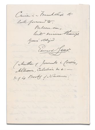 Lot #456 Edward Lear: “I have still the granite crags of California”: LEAR sends an admiring letter to a female travel writer - Image 1