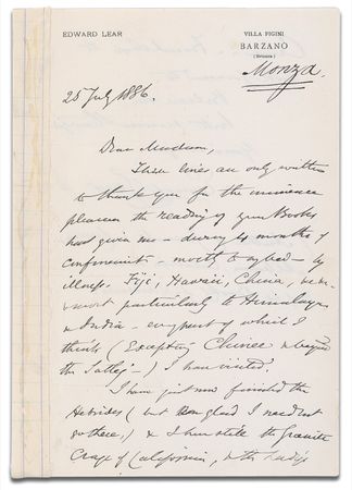 Lot #456 Edward Lear: “I have still the granite crags of California”: LEAR sends an admiring letter to a female travel writer - Image 2
