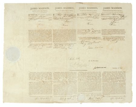 Lot #84 James Madison and James Monroe: Signing a four-language ship’s papers in the midst of the War of 1812 - Image 1