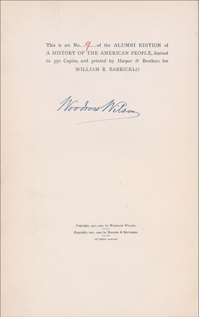 Lot #152 Woodrow Wilson: Wilson signs his five-volume History of the American People - Image 1