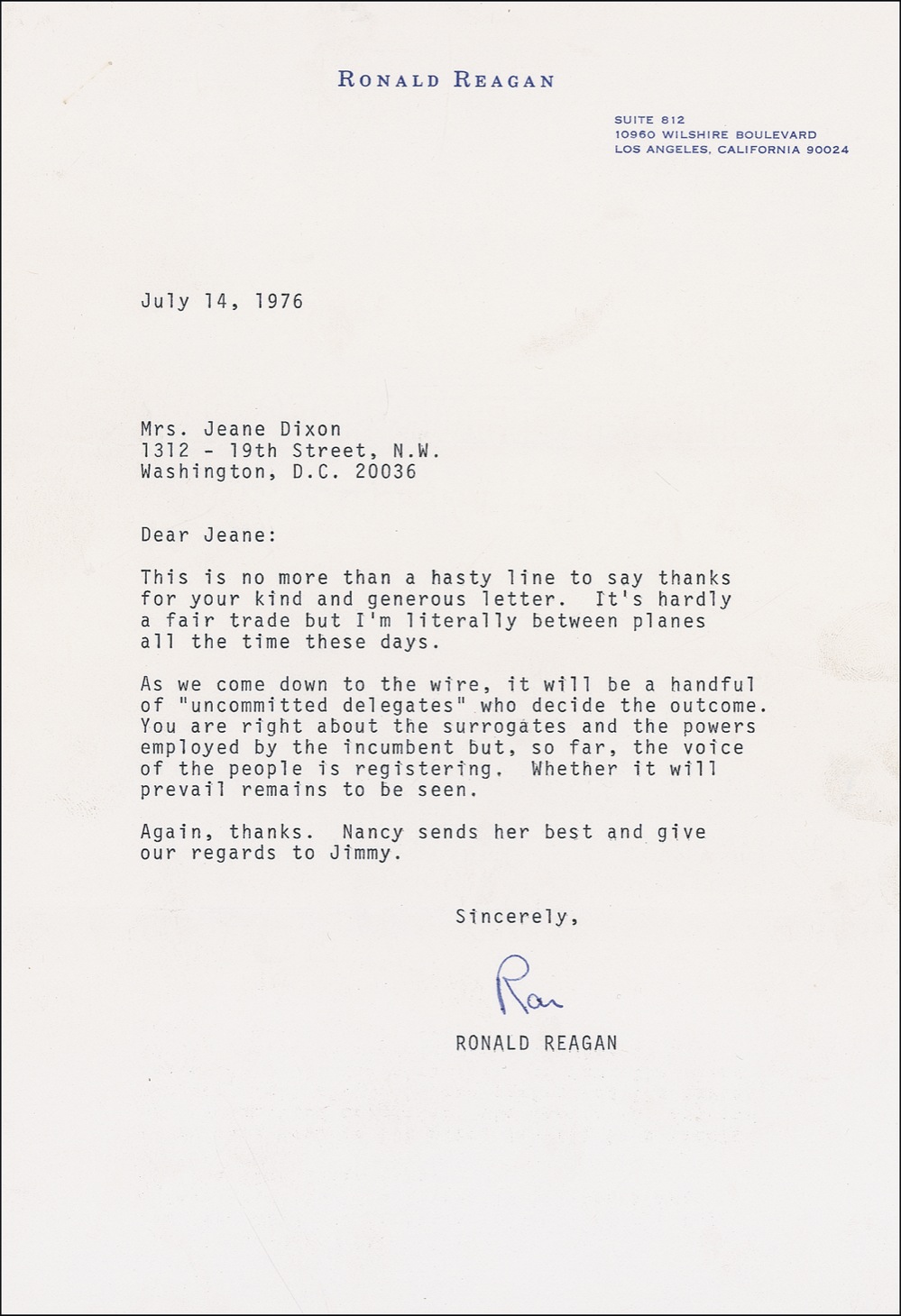 Lot 157 Ronald Reagan: “THE VOICE OF THE PEOPLE IS REGISTERING”: REAGAN writes to psychic JEANE DIXON in the midst of his unsuccessful 1976 campaign for the GOP nomination