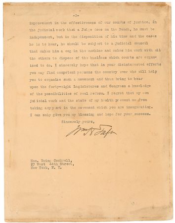 Lot #189 William H. Taft: ?In the judicial work that a Judge does on the Bench, he must be independent?: Chief Justice TAFT supports a judicial reform effort - Image 1