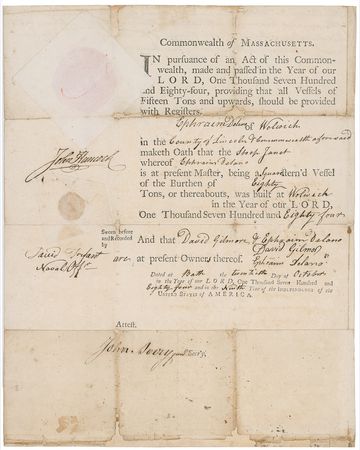 Lot #297 John Hancock: Boldly signed 1784 ship?s papers - Image 1
