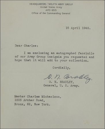 Lot #410 Omar N. Bradley: The “G.I.’s General” signs a Göring visiting card - Image 2