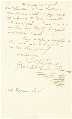 Lot #632 Charles Dickens tells the daughter of Lord Russell he will not be able to accept her invitation to visit during a forthcoming ?Farewell Reading? near her home; two days later his tour was canceled for the rest of the year - Image 1