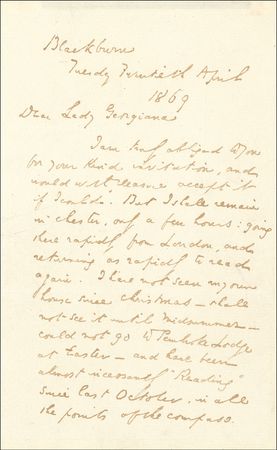 Lot #632 Charles Dickens tells the daughter of Lord Russell he will not be able to accept her invitation to visit during a forthcoming ?Farewell Reading? near her home; two days later his tour was canceled for the rest of the year - Image 2
