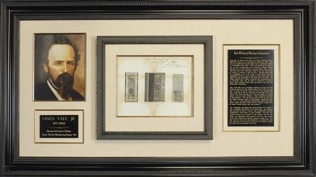 Lot #401 Linus Yale, Jr: Yale signs and titles an illustration of his ?Burglar-proof Chilled iron for Doors & - Image 1