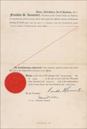 Lot #173 Franklin D. Roosevelt: Roosevelt issues a pardon to restore “civil rights” to a man convicted of violating the Prohibition Act, an act staunchly opposed by Roosevelt during his campaign - Image 1