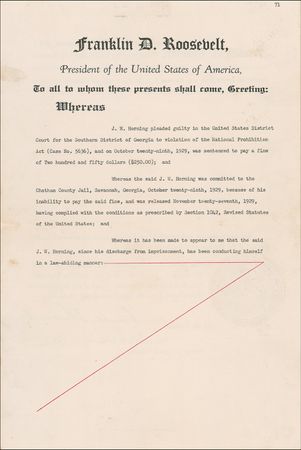 Lot #173 Franklin D. Roosevelt: Roosevelt issues a pardon to restore “civil rights” to a man convicted of violating the Prohibition Act, an act staunchly opposed by Roosevelt during his campaign - Image 2