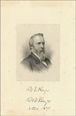 Lot #99 Rutherford B. and Lucy Hayes: RUTHERFORD and LUCY HAYES sign presidential-date engravings - Image 1