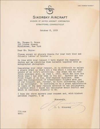 Lot #597 Igor Sikorsky: Sikorsky points out his career achievements - Image 1