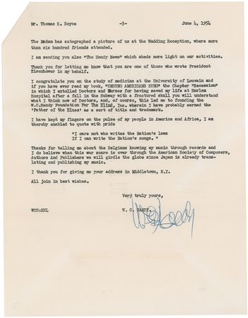 Lot #858 W. C. Handy: “I have probably earned the ‘Father of the Blues’ as a sort of title and trademark”: Superbly detailed W. C. Handy letter mentioning Ellington, Gershwin, Toscanini, Eisenhower, and desegregation - Image 1