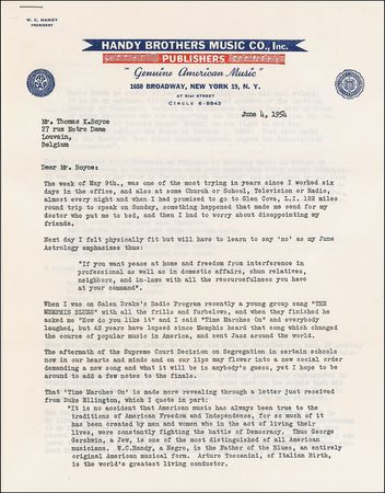 Lot #858 W. C. Handy: “I have probably earned the ‘Father of the Blues’ as a sort of title and trademark”: Superbly detailed W. C. Handy letter mentioning Ellington, Gershwin, Toscanini, Eisenhower, and desegregation - Image 2