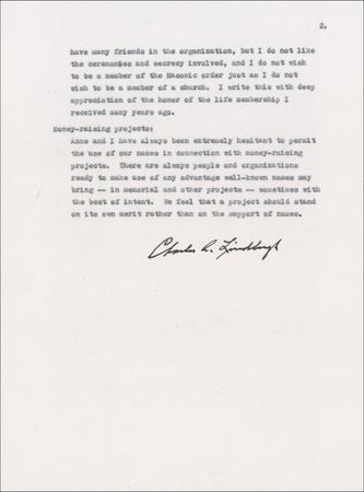 Lot #576 Charles Lindbergh: On book royalties, Freemasonry, and fundraising: ?I do not wish to be a member of the Masonic order just as I do not wish to be a member of a church? - Image 1