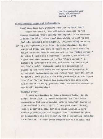 Lot #576 Charles Lindbergh: On book royalties, Freemasonry, and fundraising: ?I do not wish to be a member of the Masonic order just as I do not wish to be a member of a church? - Image 2