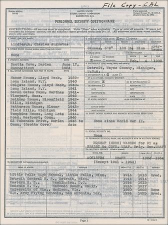 Lot #577 Charles Lindbergh: LINDBERGH signs a detailed security questionnaire from the Atomic Energy Commission - Image 2