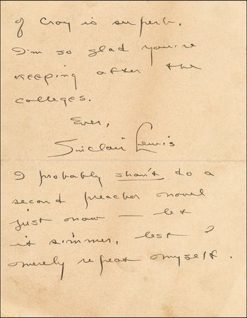 Lot #676 Sinclair Lewis: ?I probably shan?t do a second preacher novel? - Image 1