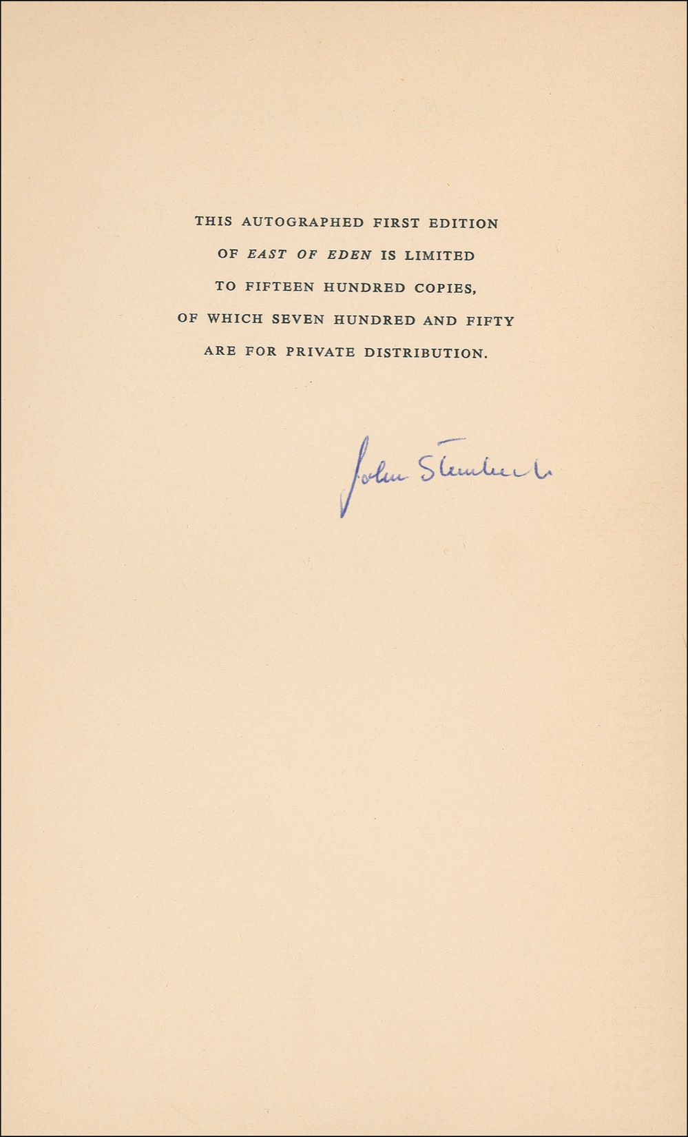 Lot 709 John Steinbeck: Signing a rare and very limited first edition of East of Eden