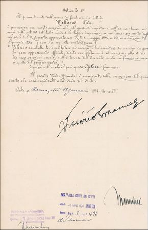 Lot #309 Benito Mussolini and Vittorio Emanuele III Signed Document - Image 2
