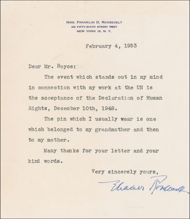 Lot #112 Eleanor Roosevelt: “The event which stands out in my mind with my work at the UN is the acceptance of the Declaration of Human Rights, December 10th, 1948.” - Image 1