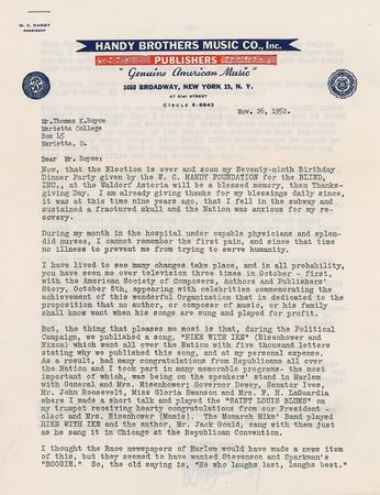 Lot #829 W. C. Handy: ?So, for ?Rank Discrimination? I wonder at times who is most to blame??The Opponents of the Civil Rights Bill, or some of My Folks.? - Image 1