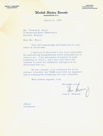 Lot #74 John F. Kennedy: Kennedy takes time from Senate business to send his appreciation - Image 2